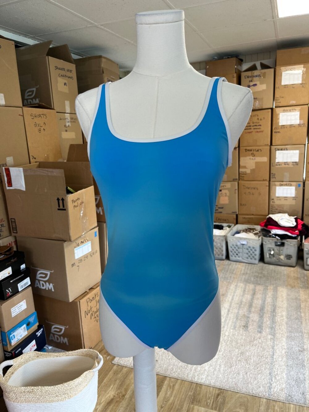 Sporty & Rich One Piece Swimsuit Scoop Back Blue White Trim S - Picture 5 of 12